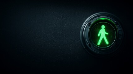 Illuminated Pedestrian Symbol: A close-up shot of a round, green pedestrian signal lights up against a dark background, signaling safe passage. 