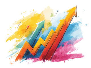 A colorful drawing of a rainbow with a series of arrows pointing upwards