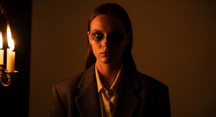 Fototapeta premium Mysterious Woman in Dimly Lit Room with Candlelight.