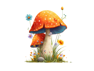 A painting of two mushrooms with blue spots and yellow flowers in the background