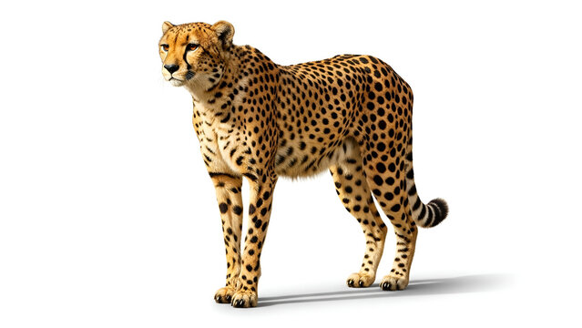 A realistic cheetah walking gracefully, sharp spotted fur details, side view, isolated on a clean white background with natural light and studio-quality realism.