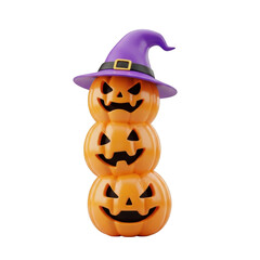 3d rendered halloween jack-o'-lanterns with witch hat isolated on transparent background