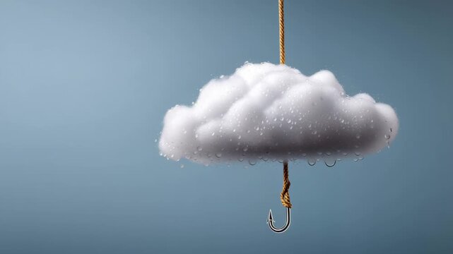Cloud suspended from a rope with a fishing hook, showcasing a whimsical visual concept of nature and imagination, highlighting the playful interaction between elements in a surreal composition