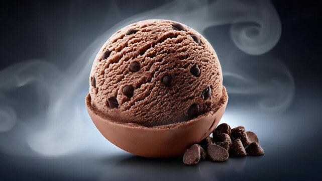 A close-up shot of a chocolate ice cream ball with drops in a bowl surrounded by chocolate chips on a dark surface.