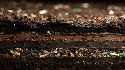 Fototapeta premium Close up of layered soil with organic debris.