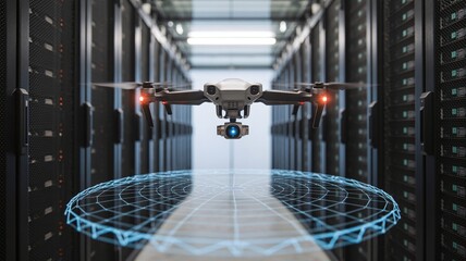 Advanced drone technology inspects vast server racks inside a modern data center environment for crucial maintenance checks