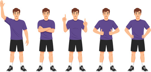 Obraz premium Body language illustration, standing poses, gesture icons, hand signals, crossed arms, thumbs up, confused stance, expressive character design
