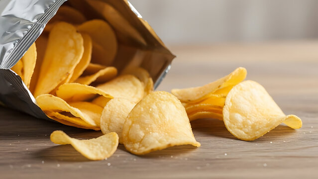 Crunchy golden potato crisps spilling from an opened snack bag onto a textured wooden table, inviting a delicious break