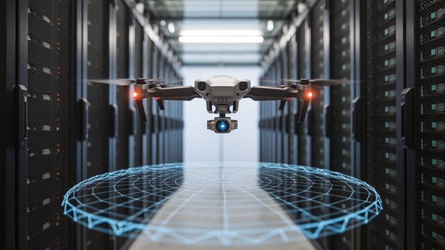 Advanced drone technology inspects vast server racks inside a modern data center environment for crucial maintenance checks - Powered by Adobe