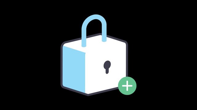 2D animated lock icon with plus symbol representing adding security, enabling protection, or activating secure features in applications and systems.