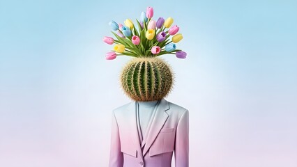 Surreal Conceptual Portrait of a Cactus Head Figure with Colorful Tulips Symbolizing Growth, Creativity, and Contrast