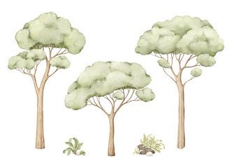 Naklejka premium Watercolor green trees, drawing perfect set for childish cartoon wallpaper, mural kids room, cards, posters or cover. Isolated illustration of cute design elements will become source inspiration.