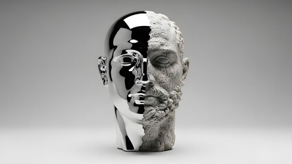 Futuristic Human Sculpture with Smooth Metallic Texture. A conceptual portrait of a male sculpture head carved in stone and overlaid with reflective chrome plating.