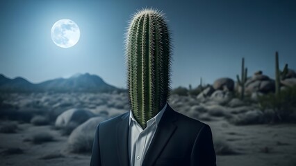 Surreal Portrait of a Man with Blooming Night Cactus Head Under Full Moon in Desert Landscape, Conceptual Botanical Art