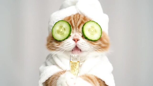 Fluffy cat in bathrobe with cucumbers on eyes, holding champagne glass
