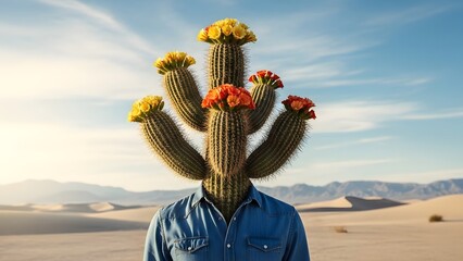 Surreal Conceptual Portrait of a Human Figure with Flowering Cactus Head in Desert Landscape, Botanical Transformation Concept