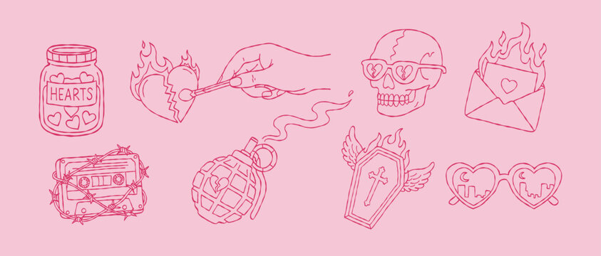 Edgy Y2K anti valentine hand drawn vector line art set with skull bomb and burning heart for boho aesthetic grunge wall art illustration print