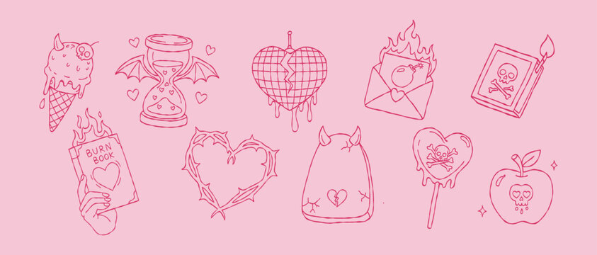 Y2K anti valentine hand drawn vector line art set with disco ball burn book and devil ice cream for boho aesthetic grunge wall art illustration print