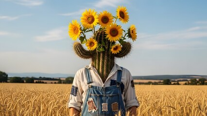 Surreal Conceptual Portrait of a Cactus Figure with Sunflowers in a Rural Field Symbolizing Growth, Resilience, and Nature Harmony