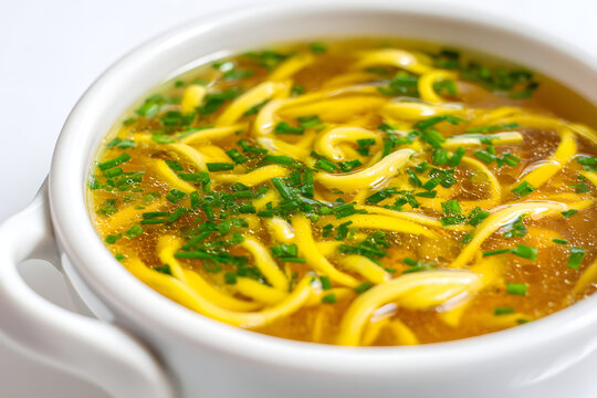 Close-Up of Delicious Frittatensuppe Soup in a Bowl with Fresh Chives and Yellow Noodles