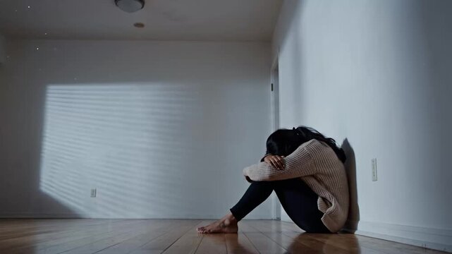 Lonely and depressed woman sits curled up on the floor in an empty room, symbolizing isolation, sadness, and mental health struggles.