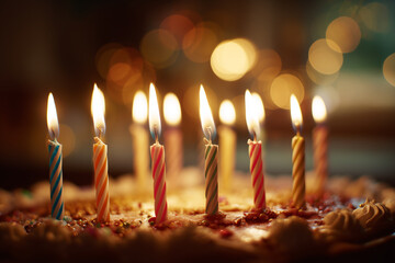 Burning Candles on a Cake &mdash; Birthday Celebration and Warm Light Detail