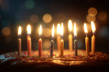 Burning Candles on a Cake &mdash; Birthday Celebration and Warm Light Detail