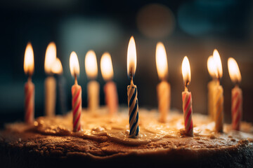 Burning Candles on a Cake &mdash; Birthday Celebration and Warm Light Detail