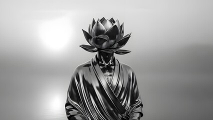 Surreal Conceptual Portrait of a Metallic Human Figure with Lotus Flower Head, Zen Minimalist Aesthetic and Monochrome Background