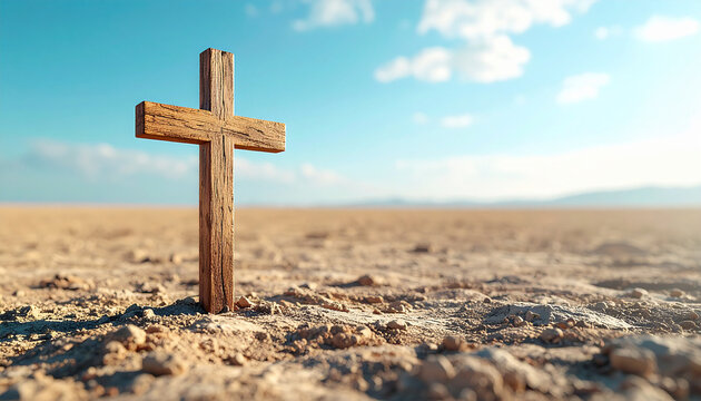 Single wooden cross on an arid plain, textured surface, bright sky, vast empty horizon. Endurance