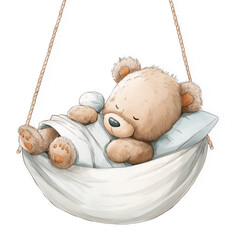 a cute teddy bear sleeping in an organic cradle, 