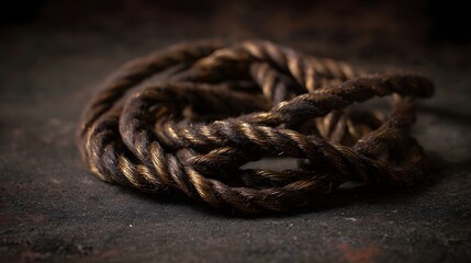 A coiled rope with intricate twists and textures set against a dark rough surface conveying a sense of age and mystery