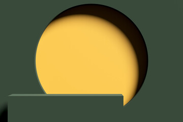 Rectangular podium, stand or platform for product display against a large yellow circle and a dark green background.