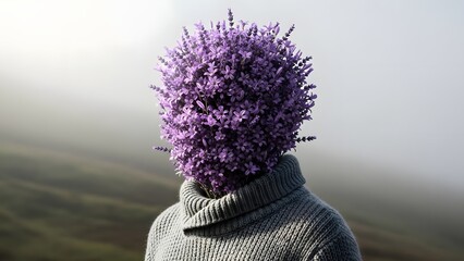 Surreal Conceptual Portrait of a Human Figure with Lavender Flower Head, Calm Botanical Transformation and Minimalist Nature Background