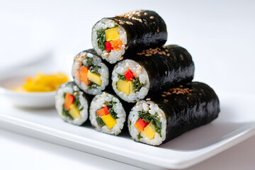 Appetizing Stack of Colorful Mayak Gimbap Rolls on a White Plate with Garnish for Food Photography