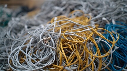 A tangled mess of colorful electrical and network cables creates an abstract chaotic background with intricate loops and twists