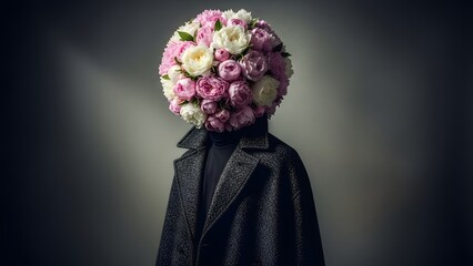 Surreal Conceptual Portrait of a Human Figure with Floral Head Wearing a Dark Coat Against a Moody Studio Background