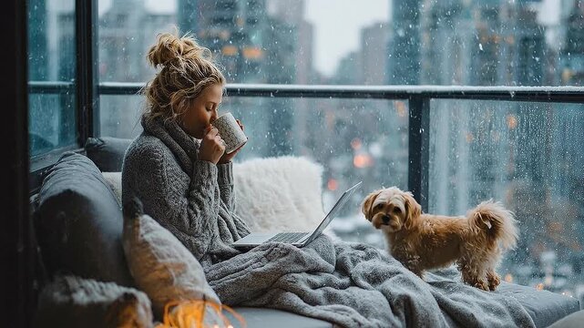Cozy Moment: A woman, enveloped in warmth and tranquility, pauses her work, sipping a comforting beverage as her loyal dog keeps watch. The scene is set indoors, with hints of a cityscape view.