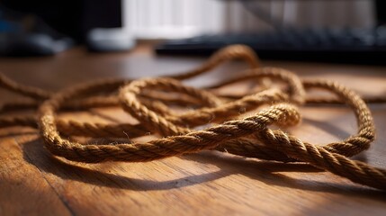 A close up of a tangled brown rope with coarse texture lying on a wooden surface illuminated by soft sunlight casting gentle shadows