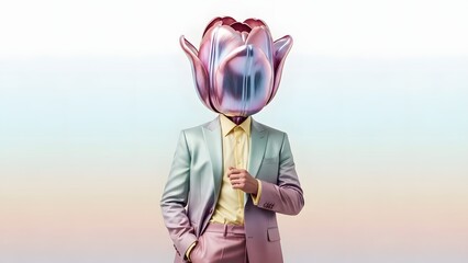Surreal Conceptual Portrait of a Human Figure with Metallic Tulip Flower Head, Pastel Fashion Style and Minimalist Background