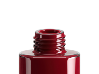 A bottle of red nail polish with a clear top