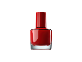 A bottle of red nail polish sits on a white background