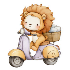 a cute little lion riding on the back of an italian moped, a watercolor clipart for kids.