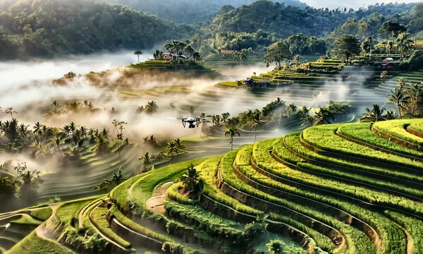 A scenic summer view of a green tea plantation and rice fields in a rural mountain valley under a clear blue Chinese sky
