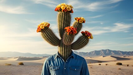 Surreal Conceptual Portrait of a Human Figure with Flowering Cactus Head in Desert Landscape, Botanical Transformation Concept