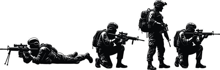 Special forces soldiers silhouette tactical combat shooting positions illustration armed military team aiming stances vector isolated on white background defense design © Rabbi creatives