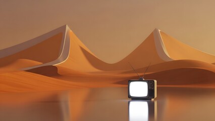 Old TV stands in a surreal landscape. Vintage television stands in a surreal landscape mockup for product presentation.
