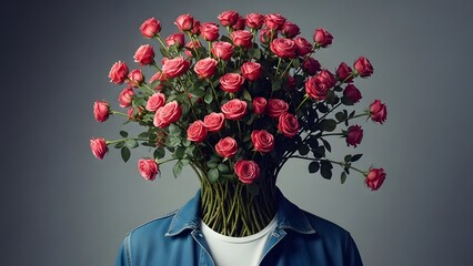 Surreal Conceptual Portrait of a Human Figure with Red Rose Bouquet Head, Floral Transformation and Minimalist Studio Background