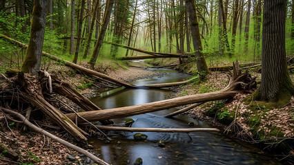 Scenic Oregon Forest Creek Landscape with Fallen Debris, Logs, and Flowing Stream in Lush Woodland Wilderness