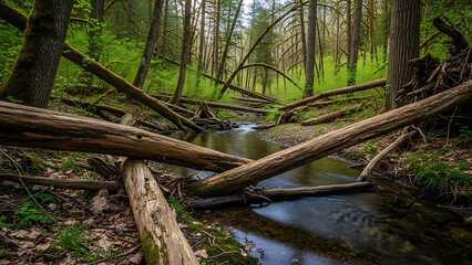 Scenic Oregon Forest Creek Landscape with Fallen Debris, Logs, and Flowing Stream in Lush Woodland Wilderness